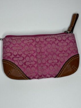 Coach Pink Signature Small Coin Purse Brown Leather Trim Key Ring